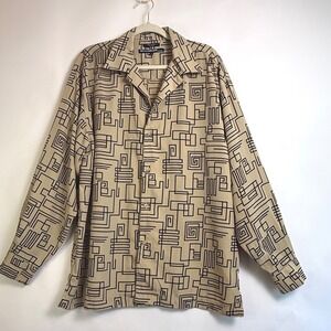 SYLLABLES Mens XL Geometric Print Button Up Shirt Beige Black Long Sleeve